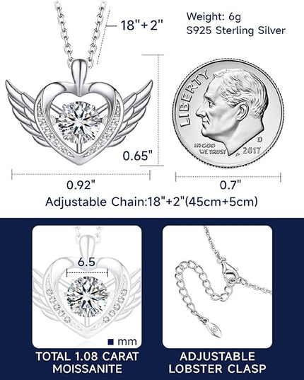 MomentWish Necklace for Women, Sparkling Gift for Her, 1Carat Moissanite Heart Pendent for Her, 925 Sterling Silver Dance Necklace for Anniversary Christmas Valentines