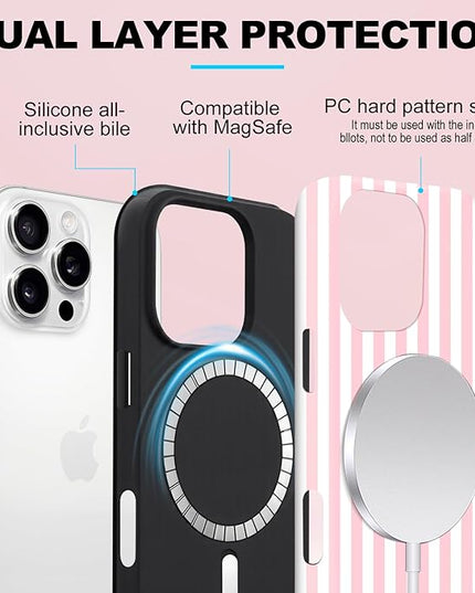 Magnetic for iPhone 16 Pro Case Cute Stripes Phone Case, Shockproof Slim TPU and Hard PC Protective Phone Cover Compatible with MagSafe Designed for Women Girls, Pink and White