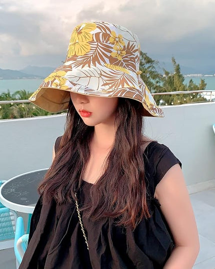 HUAMULAN Women Summer Sun Hat Wide Brim Wired Edge Floral Beach Bucket Hats Reversible Foldable Travel UV Protection Lady Hat