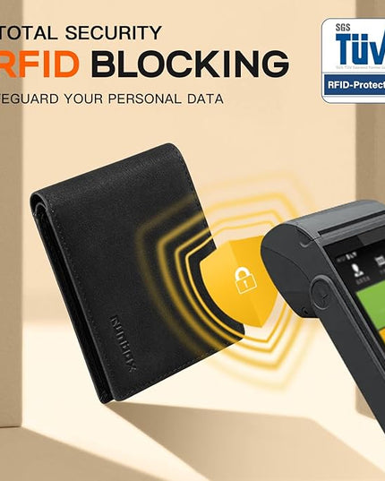 RUNBOX Wallet for Men Slim Leather Bifold RFID Blocking Minimalist Front Pocket Design with Gift Box