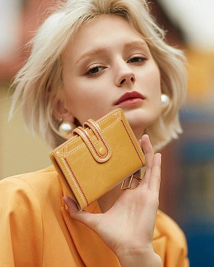 TFKGS Small Wallet for Women Vegan Leather RFID Blocking Bifold Compact Credit Card Holder with Zipper Coin Pocket Yellow