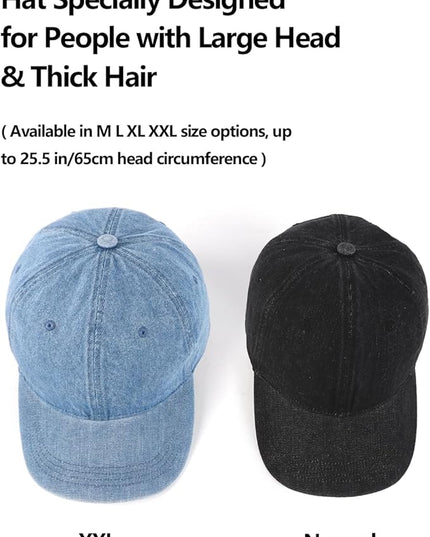 XXL Oversize Washed Denim Baseball Cap,Low Profile Jean Sports Cap for Big Heads 23.5"-25.5",Large Pigment Dyed Dad Hat