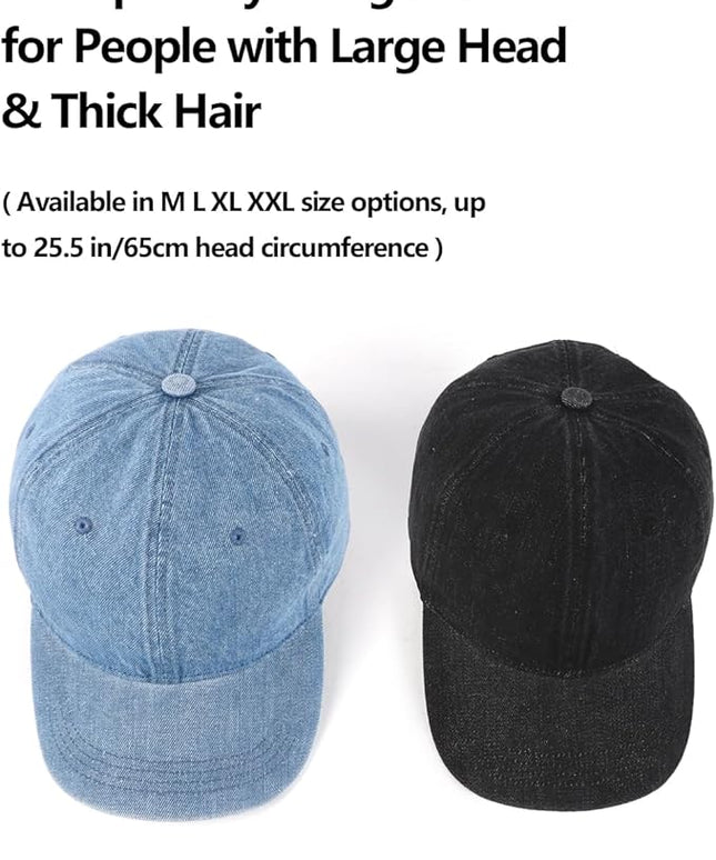 XXL Oversize Washed Denim Baseball Cap,Low Profile Jean Sports Cap for Big Heads 23.5"-25.5",Large Pigment Dyed Dad Hat