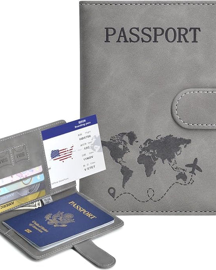 Passport Holder, Passport Cover with Credit Card Slot and Boarding Pass Slot Combo, Passport Wallet Case Book Travel Must Have, RFID Blocking Leather Travel Accessories, Grey