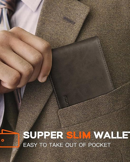 RUNBOX Wallet for Men Slim Leather Bifold RFID Blocking Minimalist Front Pocket Design with Gift Box