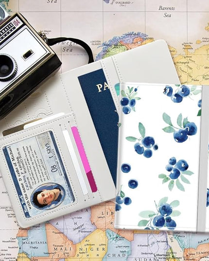 PU Leather Passport Holder Cover 5.9×4.3 Inch with Credit Card Slot and Boarding Pass Slot Combo Blocking Passport Holder Wallet Cover Case for Travel Boarding Essentials (Blueberry)