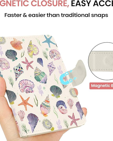 Passport Holder for Travel Essentials, RFID Blocking Leather Cover Wallet with Magnetic Closure, Aesthetic & Cute Passport Book Case for Women and Men - Seashell