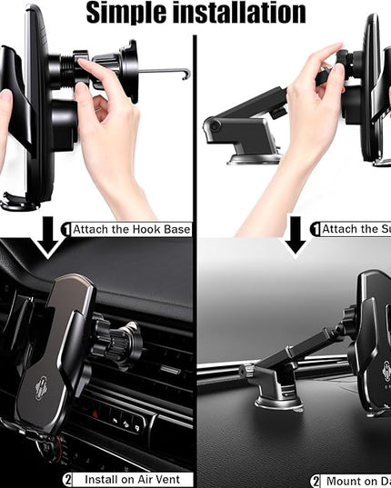 15W Fast Wireless Car Charger, Auto-Clamping Black Car Phone Holder with Strong Suction Cup,360°Adjustable Dashboard/Windshield Mount for iPhone17-11&Samsung S Series Essential Car Accessories