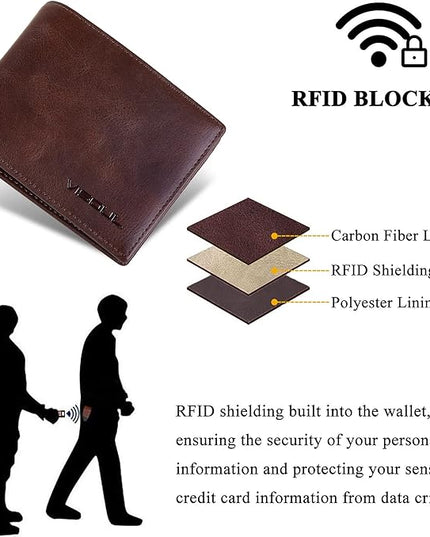 VISOUL Men's Leather RFID Blocking Wallet Extra Capacity, Bifold Security Wallet for men with 2 ID Windows 8 Card Slots 2 Cash Compartments (Coffee and Dark Orange)