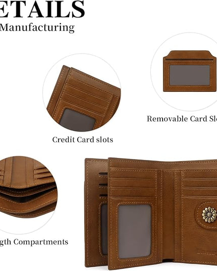 Blucoay Wallet Women,RFID Blocking Leather Womens Wallet Bifold Compact Card Holder Small Wallet for Women with Removable ID Window zsbrown