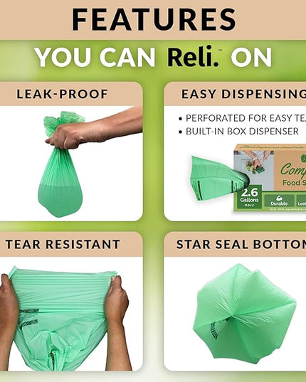 Reli. Compost Bags 2.6 Gallon (150 Count) | ASTM D6400 | Compostable Trash Bags for Food Scraps | Small Composting Liners for Kitchen CompostBin/Countertop Bin | Green, Eco for Food Waste, 2.6 Gal
