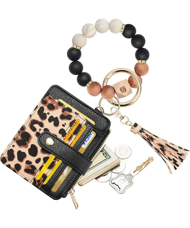 COOLANS Silicone Bracelet Wristlet Wallet Credit Card Holder RFID,ID Window,Key Ring Tassel,Slim Wallet Women Keychain Purse
