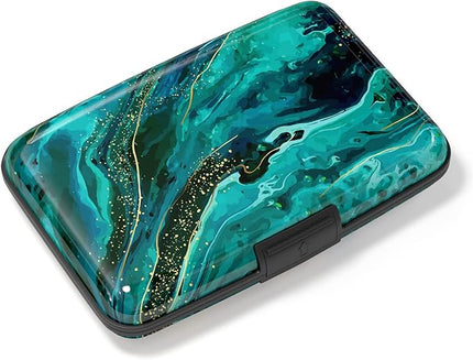 Atufsuat Credit Card Holder, Mini Aluminum Card Wallet RFID Blocking Slim Metal Hard Card Case for Women Men, Ocean Marble