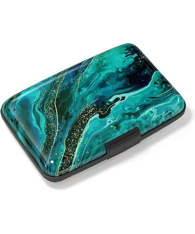 Atufsuat Credit Card Holder, Mini Aluminum Card Wallet RFID Blocking Slim Metal Hard Card Case for Women Men, Ocean Marble
