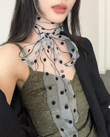 Bohemian Polka Dots Scarf for Women Delicate Lace Long Wrap Choker Necklace Graceful Ribbon Tie Neckerchief Layered Sweet Spicy Choker Fashion Soft Gauze Necklace Jewelry Gift