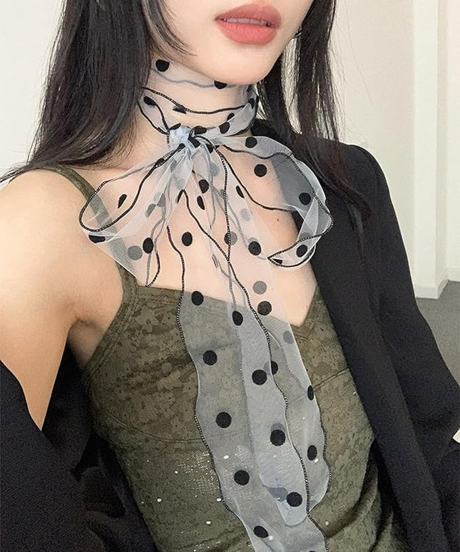 Bohemian Polka Dots Scarf for Women Delicate Lace Long Wrap Choker Necklace Graceful Ribbon Tie Neckerchief Layered Sweet Spicy Choker Fashion Soft Gauze Necklace Jewelry Gift