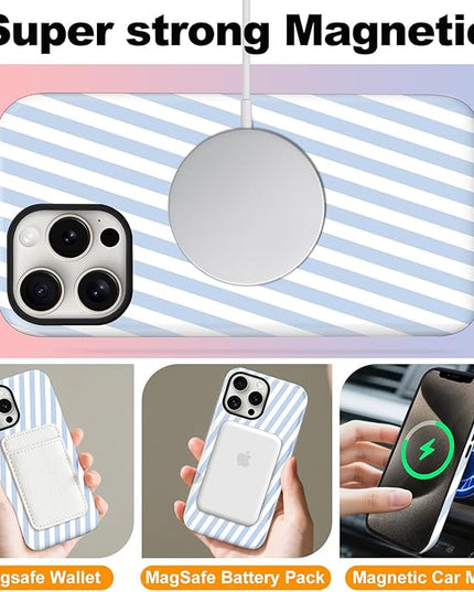 Magnetic for iPhone 16 Pro Max Case Cute Diagonal Stripes Phone Case, Shockproof Slim TPU and Hard PC Protective Phone Cover Compatible with MagSafe Designed for Women Girls,Blue