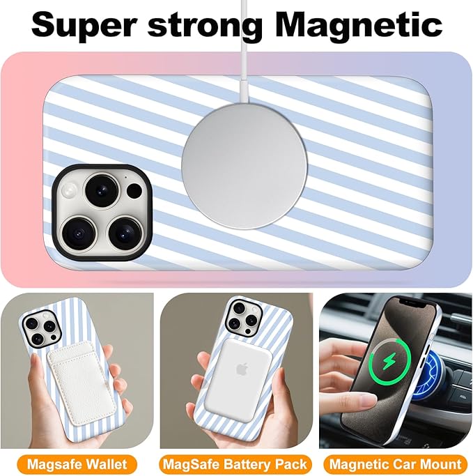 Magnetic for iPhone 16 Pro Max Case Cute Diagonal Stripes Phone Case, Shockproof Slim TPU and Hard PC Protective Phone Cover Compatible with MagSafe Designed for Women Girls,Blue