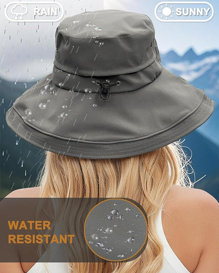Sun Hats for Women, Wide Brim Waterproof Bucket Hat, Summer Beach Packable Ponytail Hat,UPF 50+ UV Protection