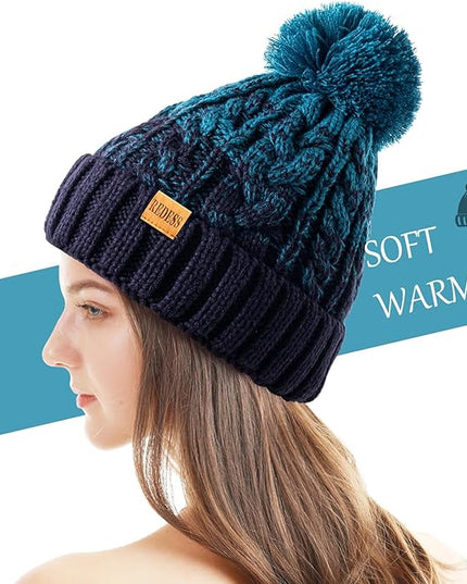 REDESS Women Winter Pompom Beanie Hat with Warm Fleece Lined, Thick Slouchy Snow Knit Skull Ski Cap