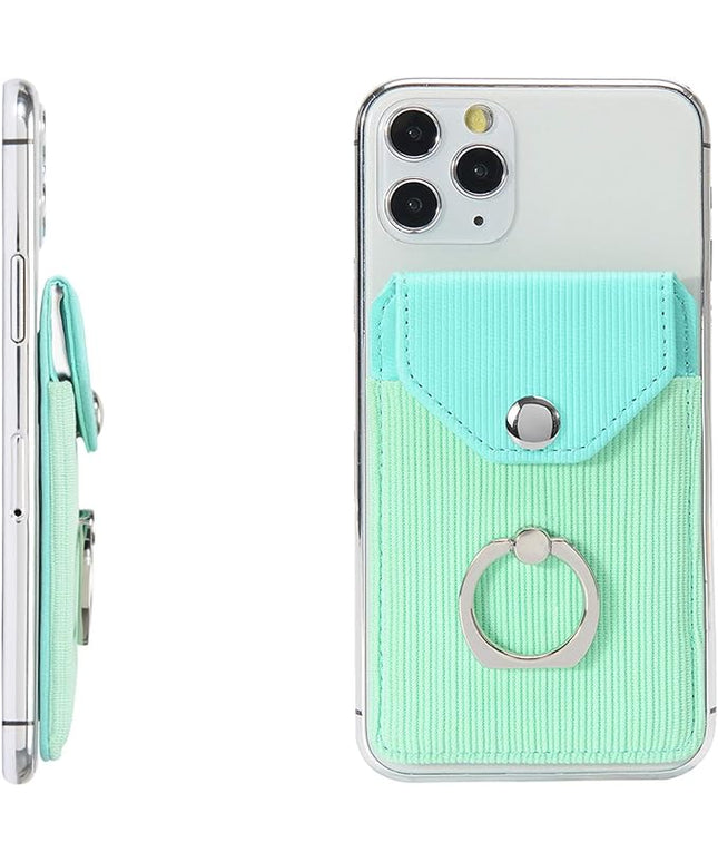 RFID Card Holder & Ring Stand for Smartphones - Adhesive Wallet for iPhone & Android - Polyester Green