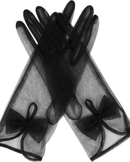 QRBTSCL Women's Short Tea Party Gloves Tulle Gloves with Bowknot Mesh Glove Wedding Bridesmaids Evening Party Glove