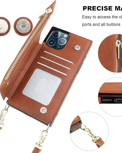 Bocasal Crossbody Wallet Case for iPhone 12 Pro Max with Card Holder,Zipper Card Slot Protector Shockproof Purse Cover with Removable Cross Body Strap 6.7 Inch(Brown)