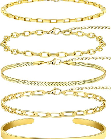 Gold Bracelets Set for Women Stack, Dainty Thick Bracelets Stack for Women Trendy, Simple Thin Gold Plated Cuff Stackable Bracelets With Beaded Cuban Paperclip Snake Rope Bangle Hand Chain Jewelry Gifts for Women Non Tainish