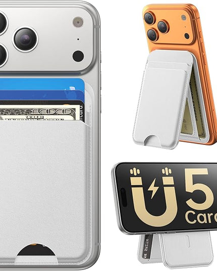 Fanseesy for MagSafe Wallet with Stand, 5 Card Holder, Slim Leather Magnetic Wallet for iPhone 17/16/15/14/13/12 Pro Max Plus Air Series, 3 Card Slots & 1 Cash Slot,White