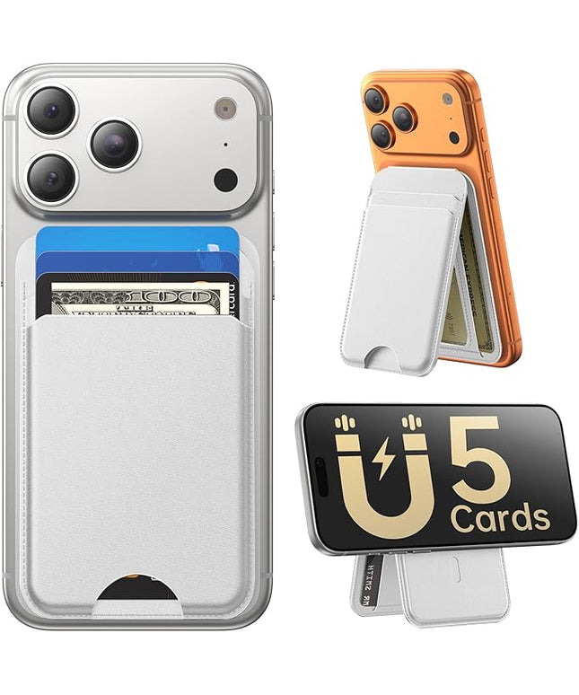 Fanseesy for MagSafe Wallet with Stand, 5 Card Holder, Slim Leather Magnetic Wallet for iPhone 17/16/15/14/13/12 Pro Max Plus Air Series, 3 Card Slots & 1 Cash Slot,White