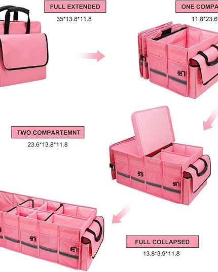 Car Trunk Organizer and Storage with Lid & Removable Leakproof Cooler Bag, Customized Space Pink Car Interior Accessories for Women Collapsible Large Trunk Organizers for Sendan SUV, Jeep, MPV, BMW