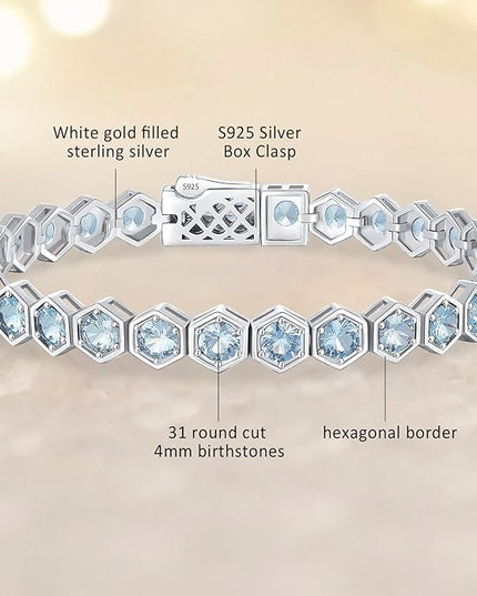 Birthstone Tennis Bracelets for Women Birthday Gifts 925 Sterling Silver Hexagon White Gold Bracelets Round Cut 5A Cubic Zirconia Prong Setting 7 Inch Anniversary Jewelry Gift