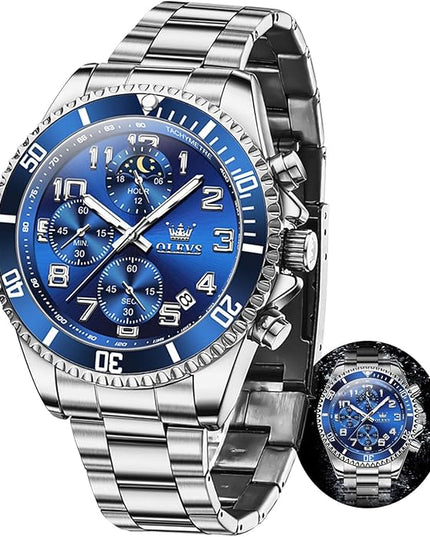 OLEVS Mens Watches Chronograph Watch Luxury Dress Stainless Steel Waterproof Watches for Men Moon Phase Luminous Business Calendar Wrist Watch Blue/Black/Green/Gold/Face
