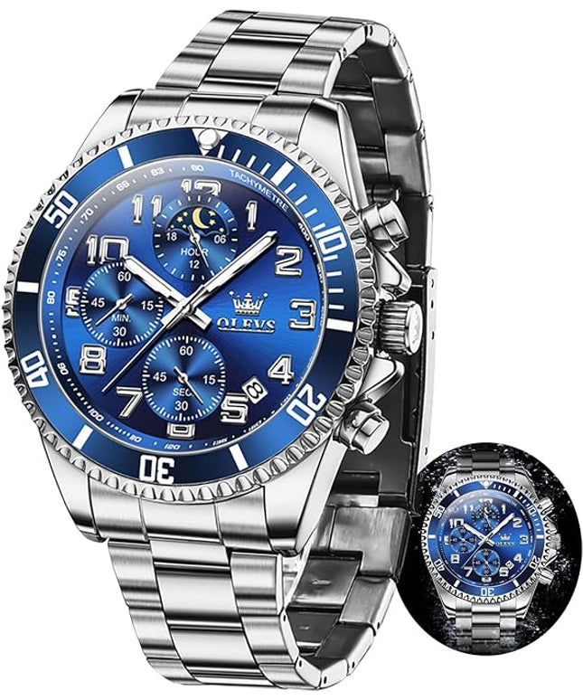 OLEVS Mens Watches Chronograph Watch Luxury Dress Stainless Steel Waterproof Watches for Men Moon Phase Luminous Business Calendar Wrist Watch Blue/Black/Green/Gold/Face