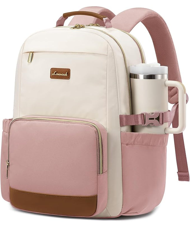 LOVEVOOK Laptop Backpack for Women with Pouch Pocket for Large Capacity Cup,17 Inch Teacher Nurse College Work Backpack Purse,Waterproof Laptop Bag Computer Back Pack for Travel, Beige-Pink-Brown