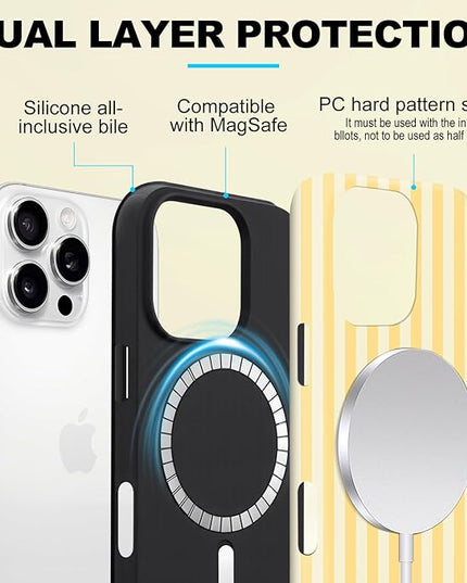 Magnetic for iPhone 11 Case Cute Stripes Phone Case, Shockproof Slim TPU and Hard PC Protective Phone Cover Compatible with MagSafe Designed for Women Girls, Yellow