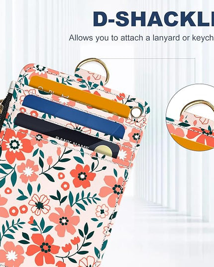 Slim Wallet Credit Card Holder, Orange Floral Print X, RFID Wallet Women Cute Small Front Pocket Wallet With Zipper, PU Leather Thin travel RFID Blocking Card Case ID Window,Ladies Gifts