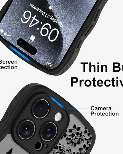 Wavy Case for iPhone 15 Pro Case with Stand [Compatible with MagSafe] Cute Black Cat & Floral & Butterflies Pattern Design, Kawaii 360 Magnetic Ring Kickstand Phone Cover for Women Girls