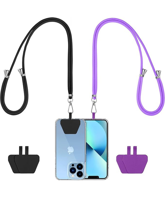 CACOE Phone Lanyard 2 PCS-2 PCS Adjustable Neck Strap,4 PCS Patches,Universal Crossbody Multifuctional Cell Phone Lanyards Compatible with Most Smartphones(Black+Dark Purple)