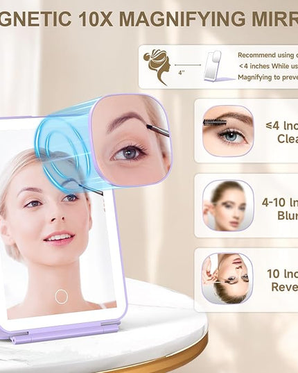 LED Foldable Travel Makeup Mirror - 5x7 inches3 Colors Light Modes USB Rechargeable Touch Screen, Portable Tabletop Cosmetic Mirror for Travel, Cosmetic, Office (Violet)