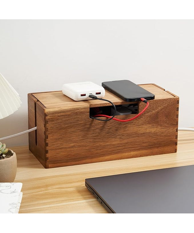 Acacia Wood Cable Management Box, Wooden Cord Hider & Organizer for Power Strip, Electrical Hiding, TV Wires, Desk & Floor Cables - Office Under Desk Cable Storage Box for Wire Storage Organization