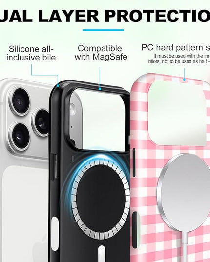 Magnetic for iPhone 17 Pro Max Case Cute Checkered Stripes Phone Case for Women Girls, Shockproof Slim TPU and Hard PC Protective Phone Cover Compatible with MagSafe Designed, Red
