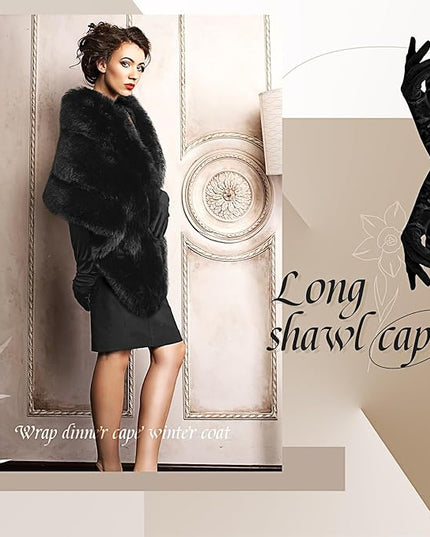 Zhanmai 2 Pcs Winter Long Shawl Cloak Stretchy Glove Opera Bridal Dance Gloves for Women Dress Party Coat