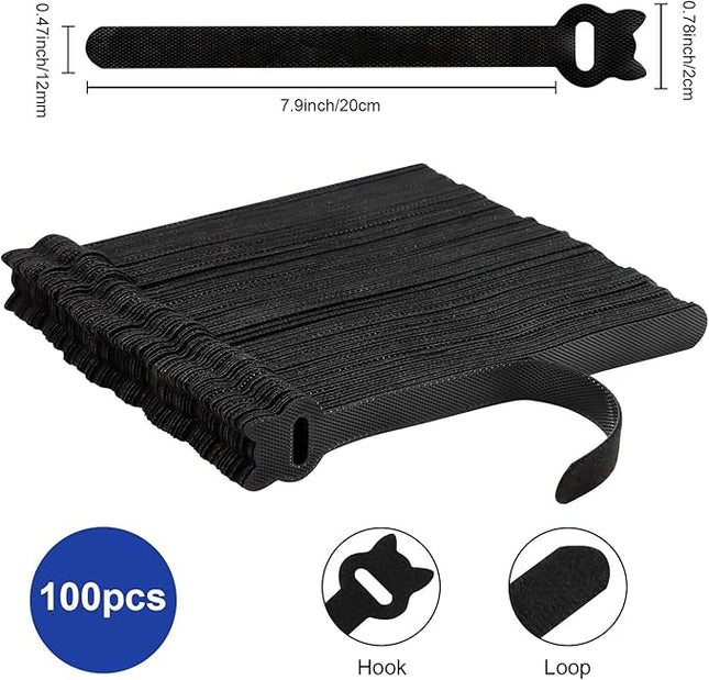 100PCS Reusable Cable Ties, 8 Inches Adjustable Cord Straps, Wire Organizer, Cord Wrap Hook Loop Cable Management, Multi Purpose Cable Management Ties for Home, Office & Data Centers Black
