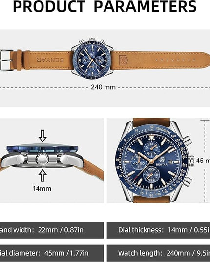 BY BENYAR Watch for Men Analog Quartz Chronograph Waterproof Luminous Designer Mens Wrist Watches Business Work Sport Casual Dress Watch with Silicone Strap Elegant Gifts for Men