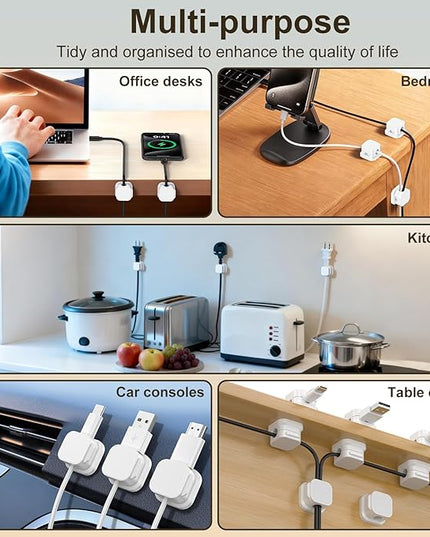 6 Pack Magnetic Cable Clips, Cord Organizer Holder with Strong Adhesive, Desk Cable Management for Home Office Car Desktop Nightstand, Adjustable Wire Keeper, White