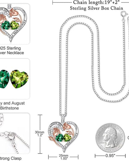 Iefil Christmas Gifts for Women Wife - 925 Sterling Silver Rose Heart Birthstone Necklace Birthday Anniversary Jewelry Gifts for Her Wife Mom Daughter