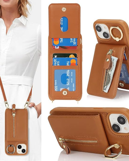 for iPhone 15 Wallet Case with Card Holder, for iPhone 15 Case Wallet with Strap Credit Card Slot, Crossbody Bag with Zipper Case for iPhone15 - Brown