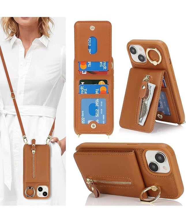 for iPhone 15 Wallet Case with Card Holder, for iPhone 15 Case Wallet with Strap Credit Card Slot, Crossbody Bag with Zipper Case for iPhone15 - Brown
