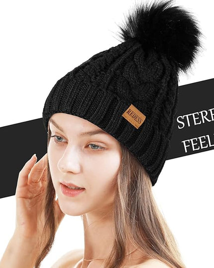 REDESS Women Winter Pompom Beanie Hat with Warm Fleece Lined, Thick Slouchy Snow Knit Skull Ski Cap